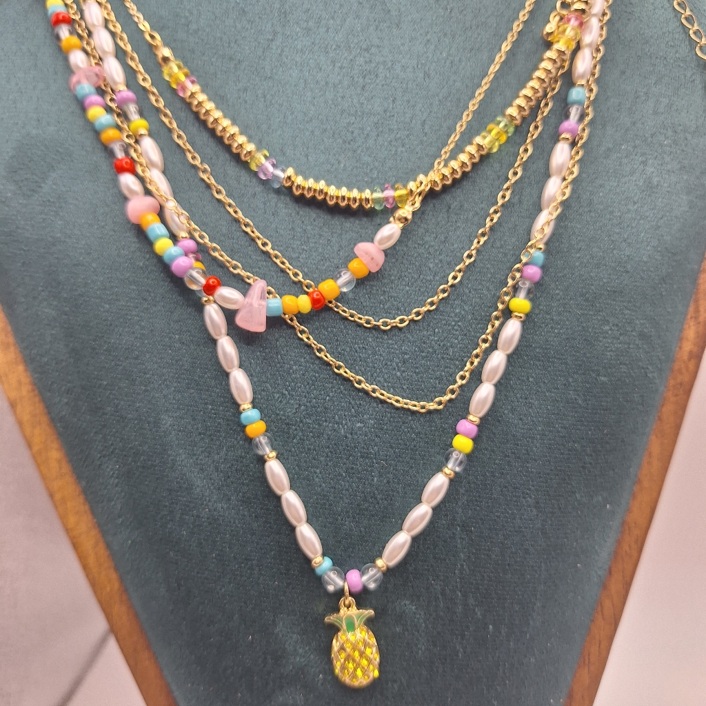 Layered Beaded Necklace Pineapple Charm Gold Tone Colorful Nwt